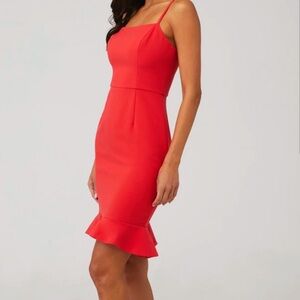 French Connection Red Midi Dress Square Neck Whisper Sweetheart Ruffle Hem Dress
